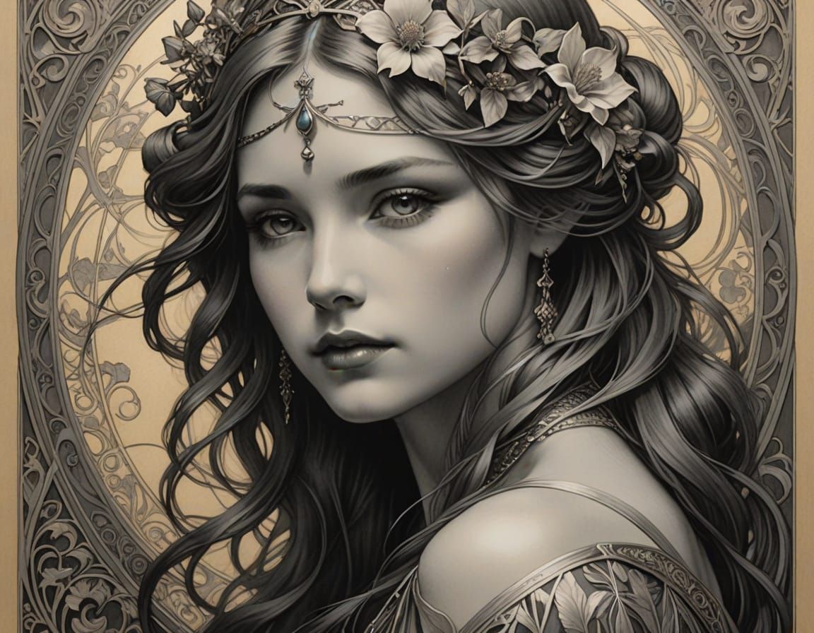 Detailed Portrait of Faces in Art Nouveau Style