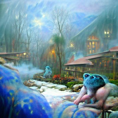 Blue Frog in Snowy Hot Spring: Ethereal Fantasy