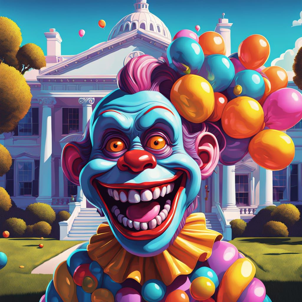 Whimsical Zombie Monkey Monster Clown Soars Over the White H...