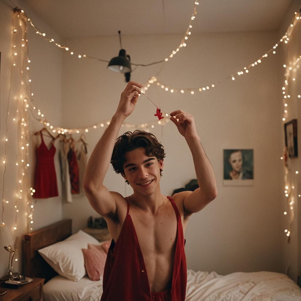 Boy Admiring Red Dress in Bedroom, Cinematic Style