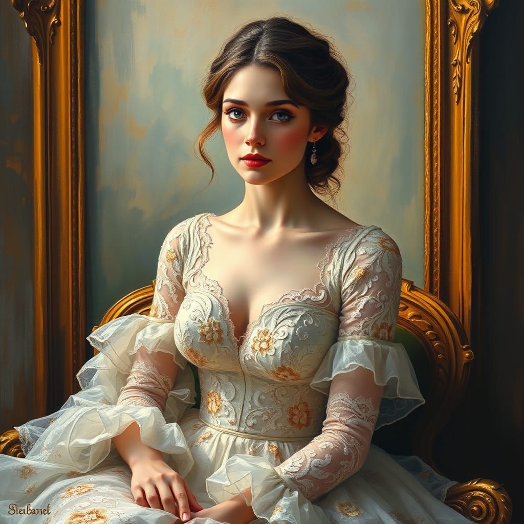 Elegant Lady in Lace Gown: Impressionist Acrylic Painting
