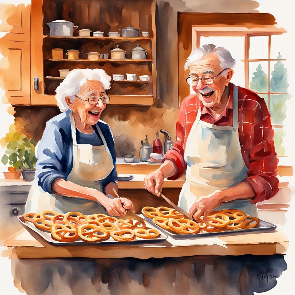 Grandparents Baking Pretzels in Watercolor Style