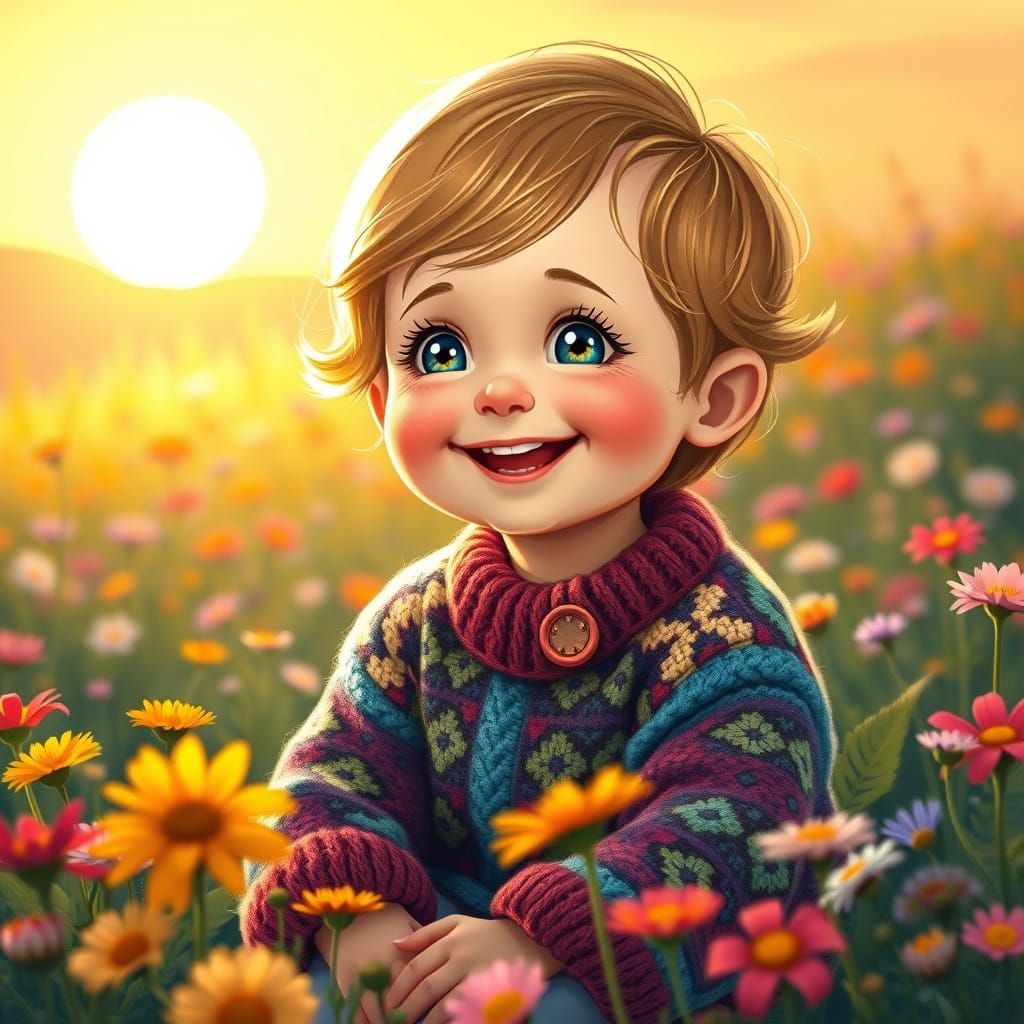 Whimsical Child in Wildflower Field at Sunset