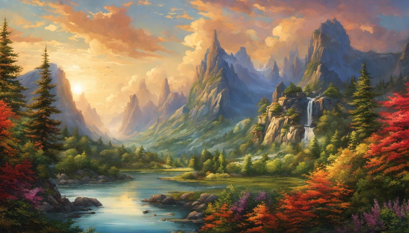 Majestic Mountain Landscape with Waterfalls in Digital Art S...