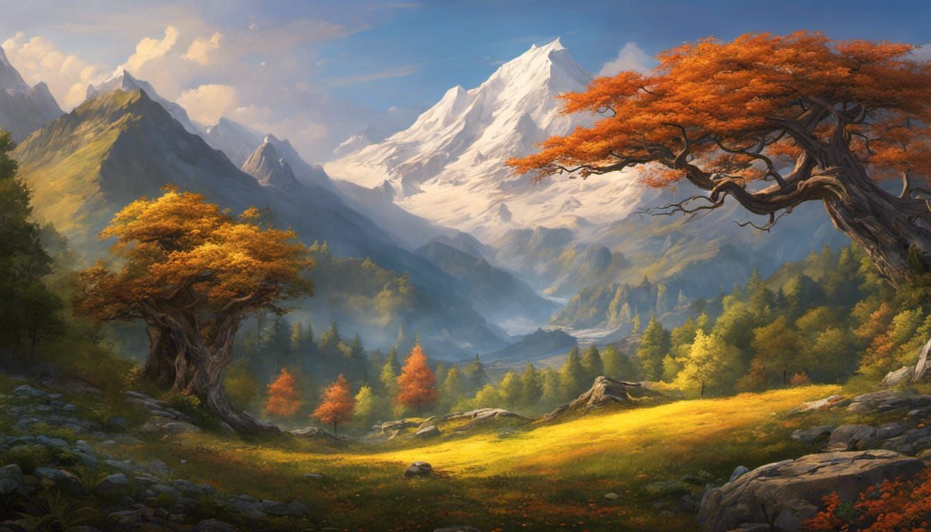 Hyperrealistic Mountain Landscape with Waterfalls