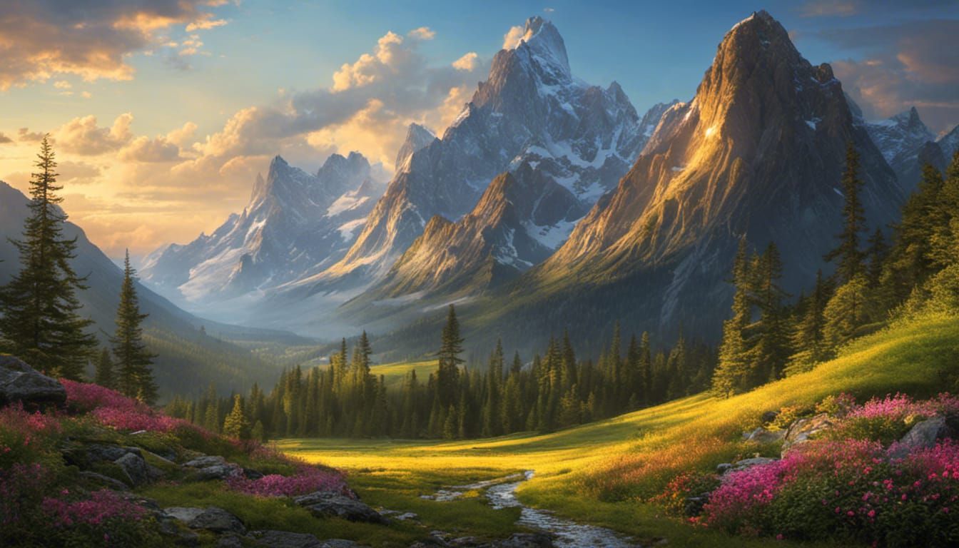 Hyperrealistic Mountain Landscape with Waterfalls