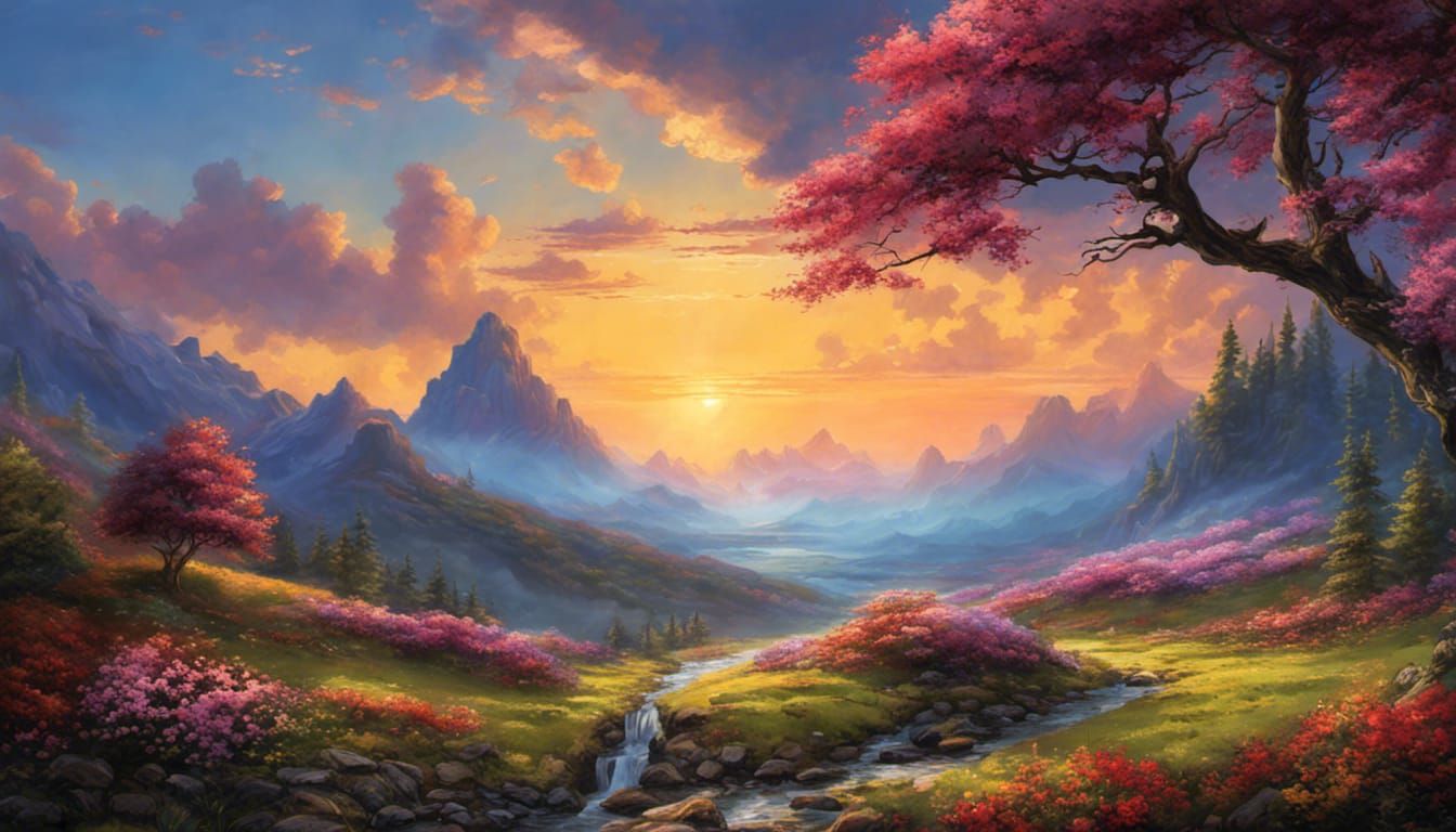 Mountain Landscape with Waterfalls in Pastel Colors