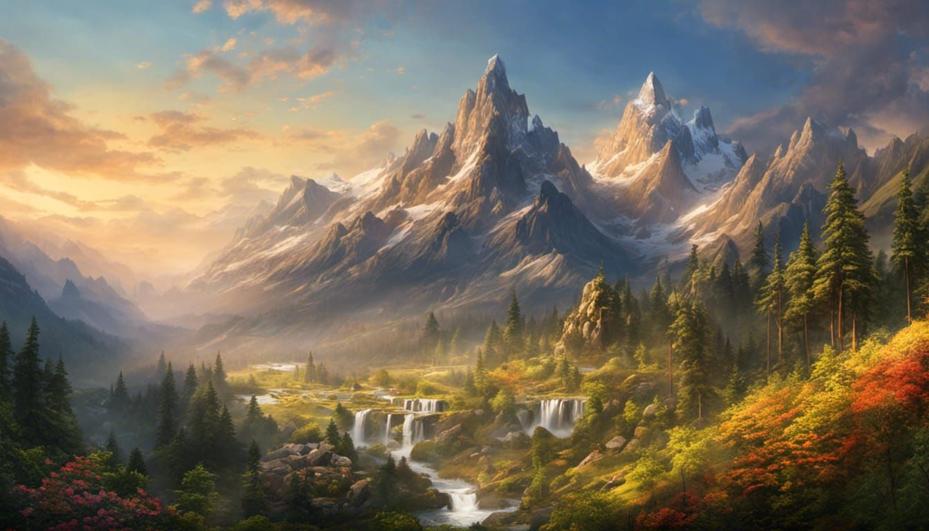 Hyperrealistic Mountain Landscape with Waterfalls in Pastel ...