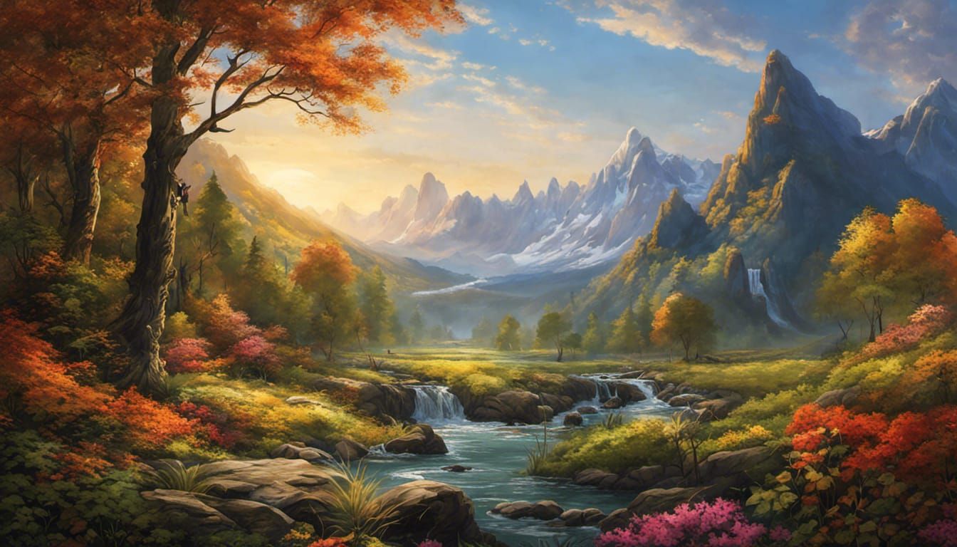 Hyperrealistic Mountain Landscape with Waterfalls in Pastel ...