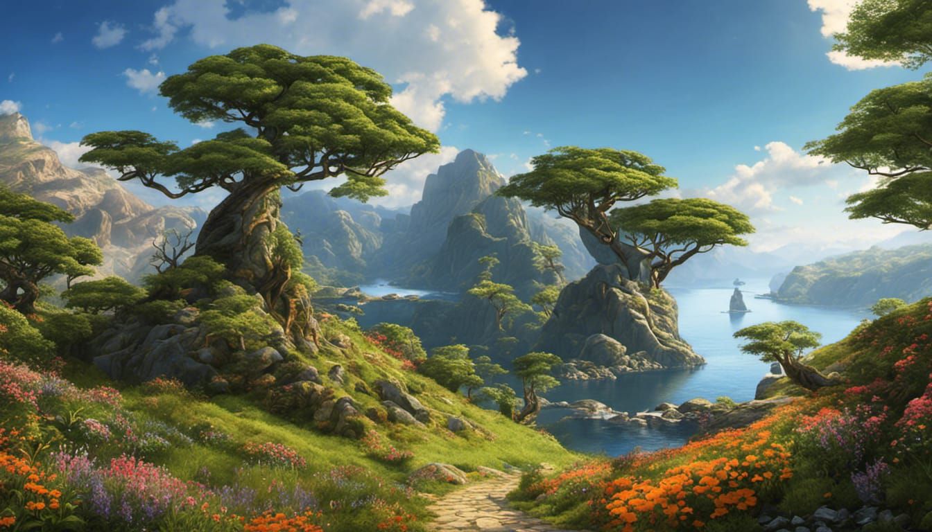 Hyperrealistic Mountain Landscape with Waterfalls in 3D