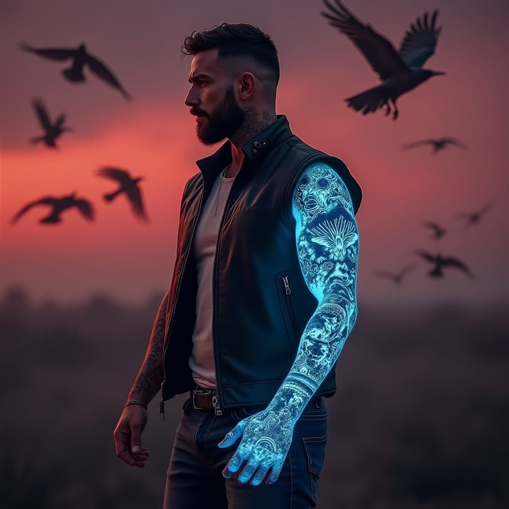 Man with Glowing Tattoos in Dramatic Evening Scene