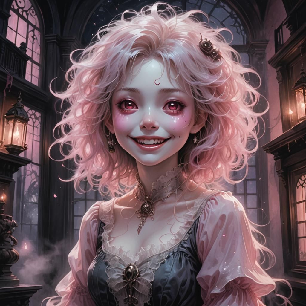 Cute Ghost Girl in Haunted Mansion: Whimsical Dark Fantasy