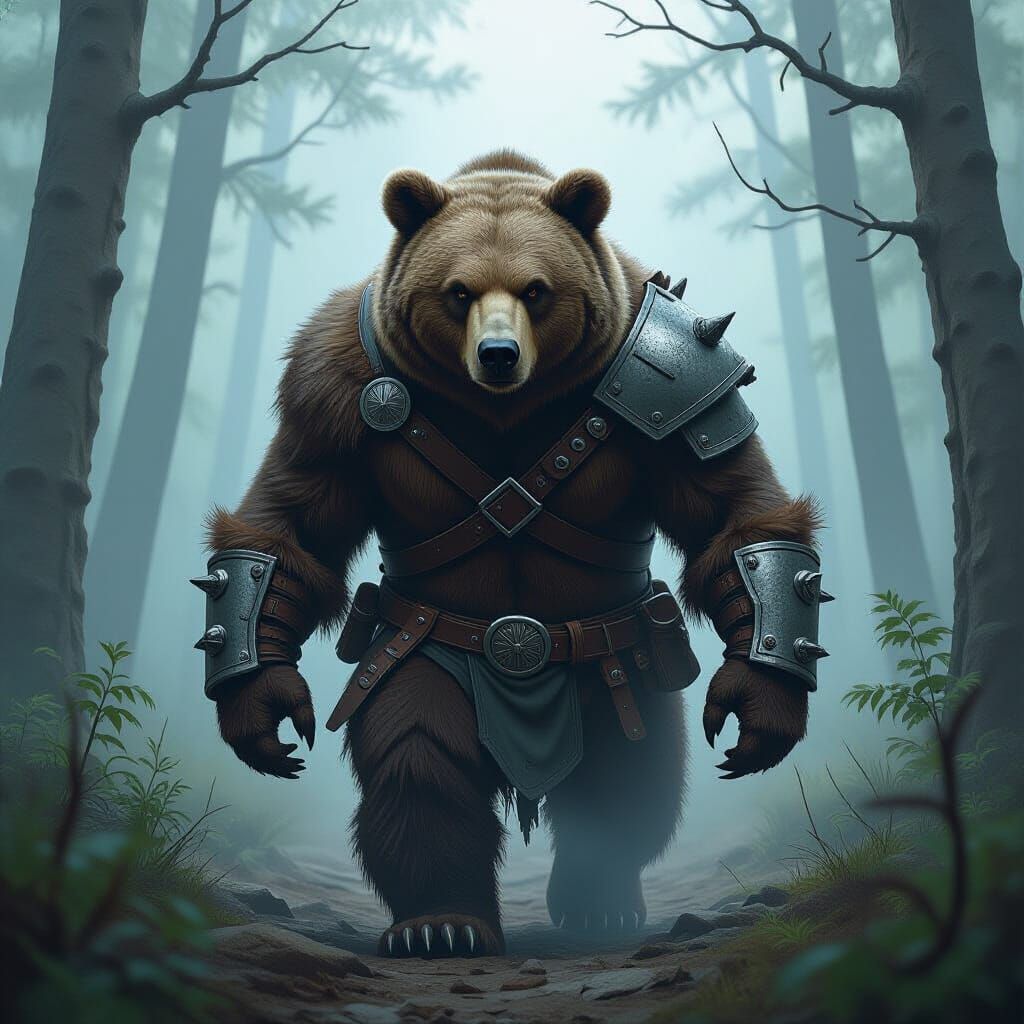 Ironclad Bear in Misty Forest, Comic Book Art