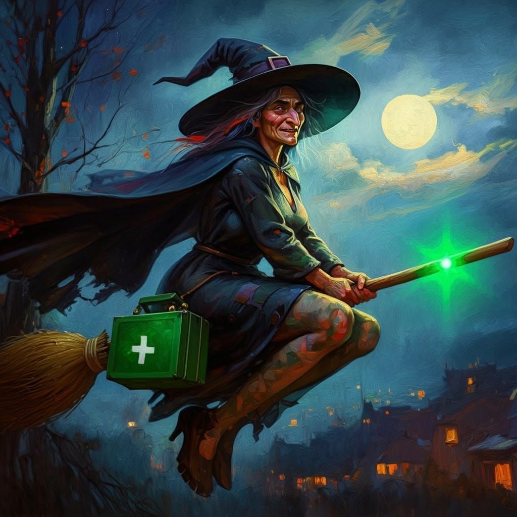 Ethereal Witch Rides Impasto Broomstick Under Golden Moonlig...