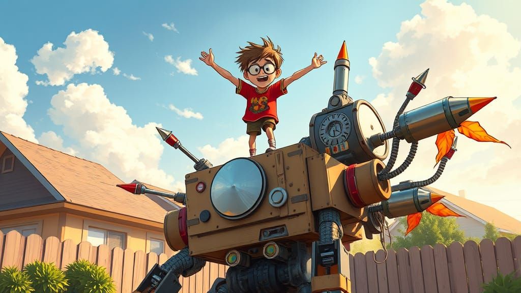 Heroic Childhood Imagination Robot in a Backyard Adventure
