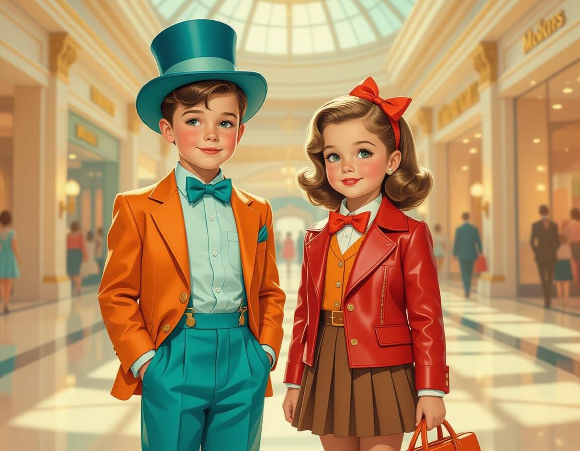 Children Shopping at Mall in 1950s Pin-Up Style