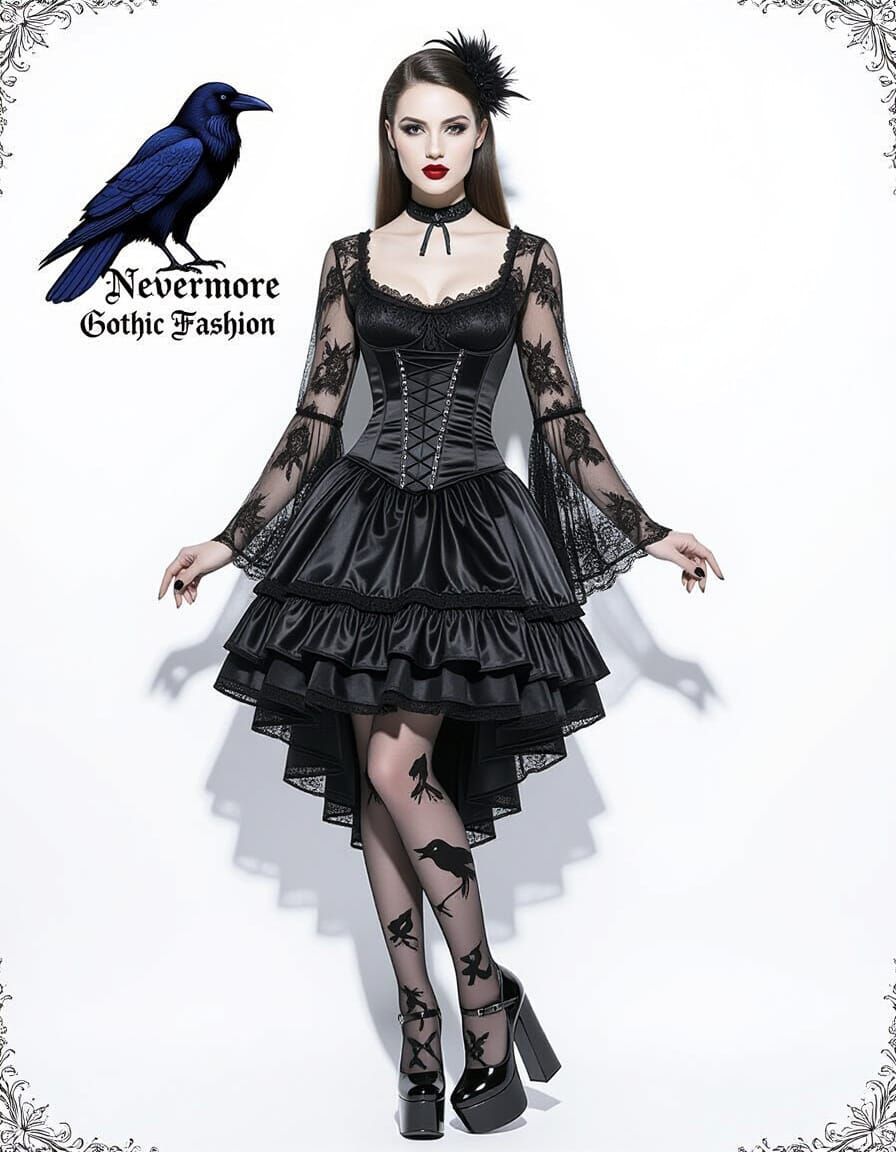 Gothic Woman in Raven Dress, Graffiti Art Style