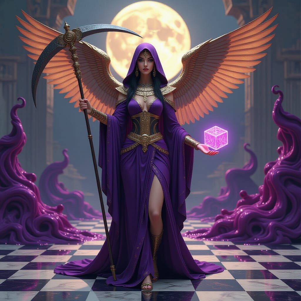 Egyptian Goddess with Scythe and Hypercube in Surreal Style