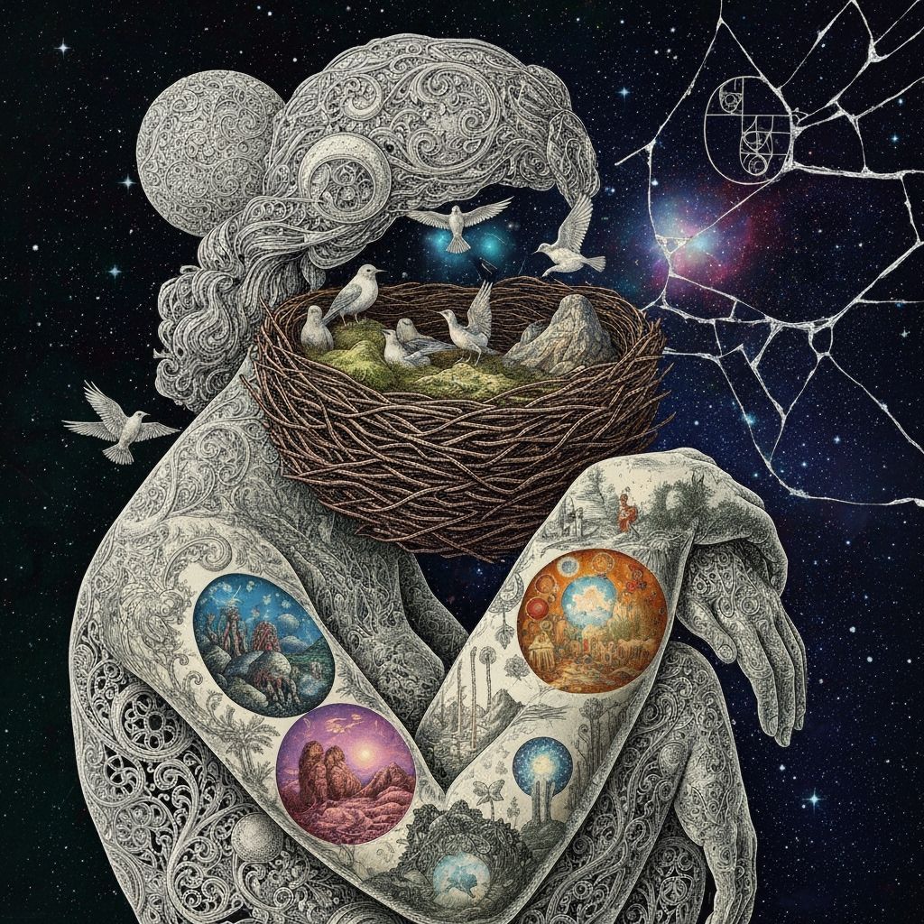 Surreal Figure Embracing Cosmic Nature with Bioluminescent B...