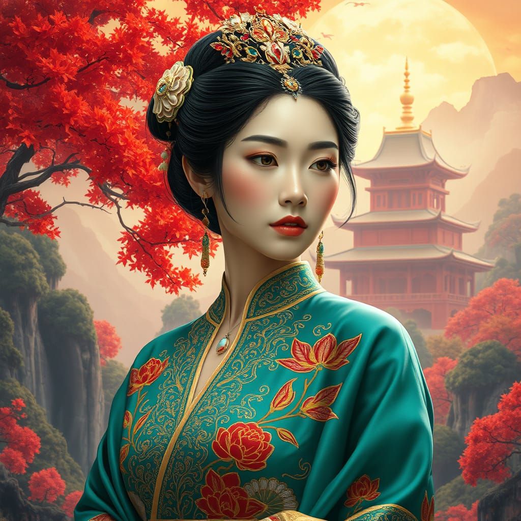 Regal Asian Goddess Amidst Vibrant Foliage and Majestic Arch...