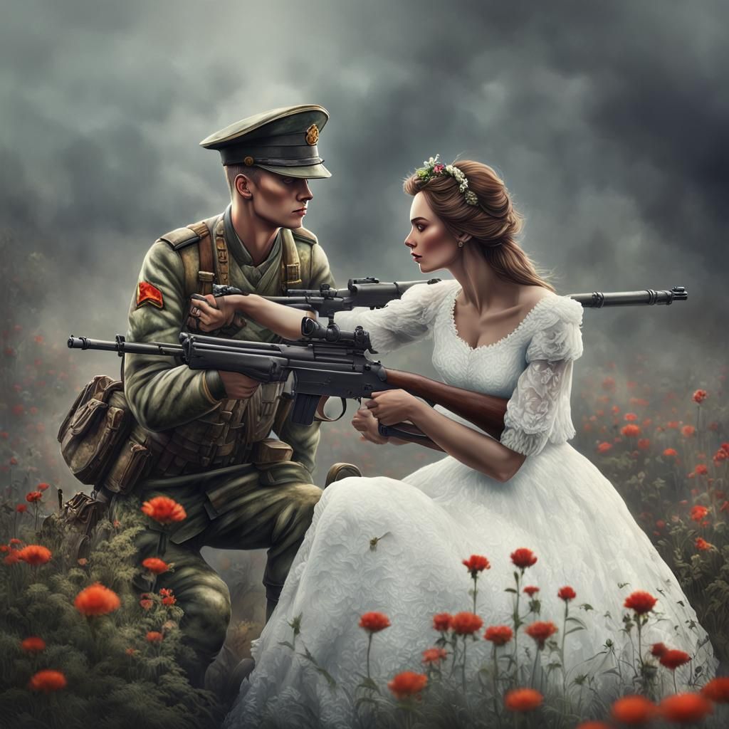 Emotional Mist: Woman Defies Soldier with Flower