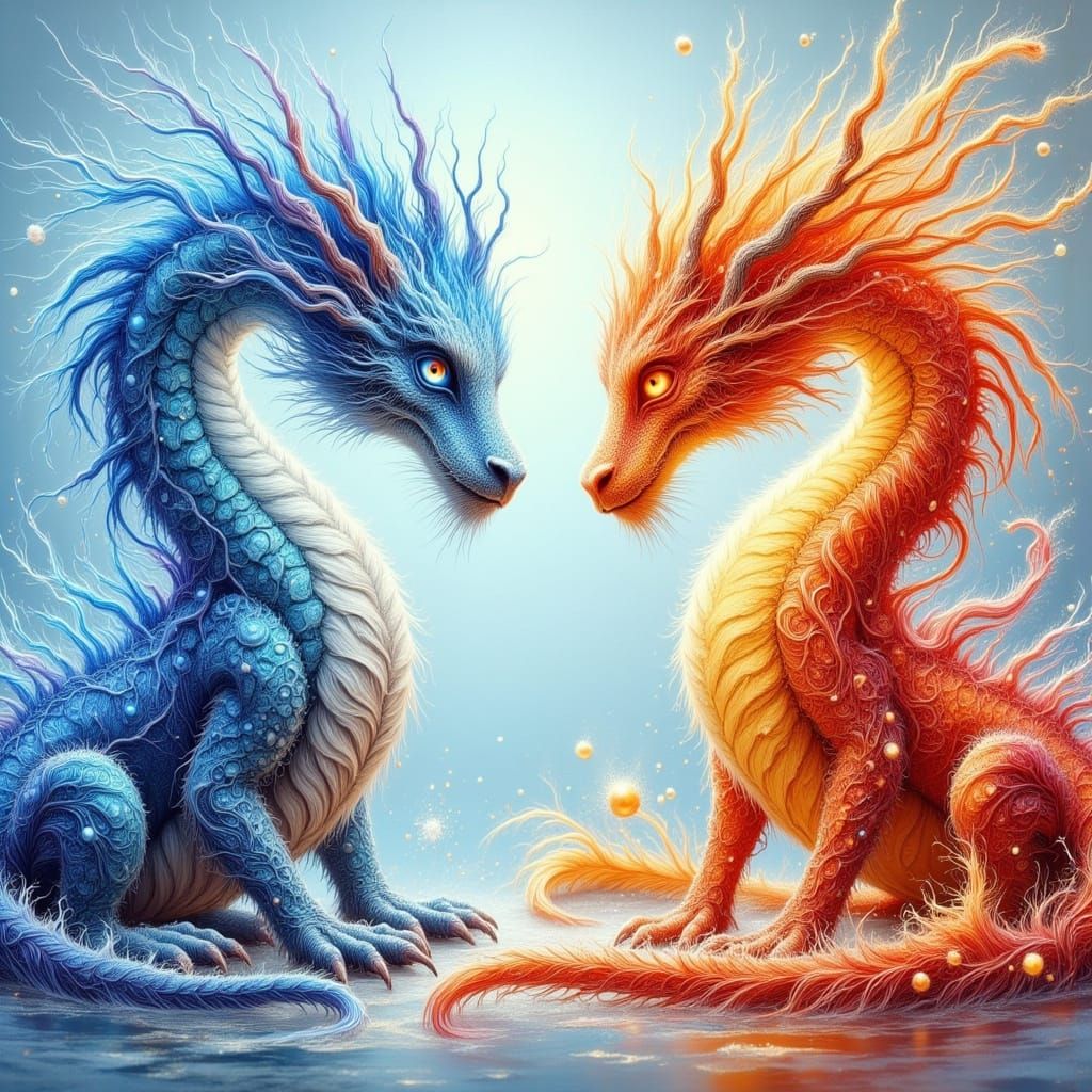 Ice Dragon Gazes at Fire Dragon in Ink Art