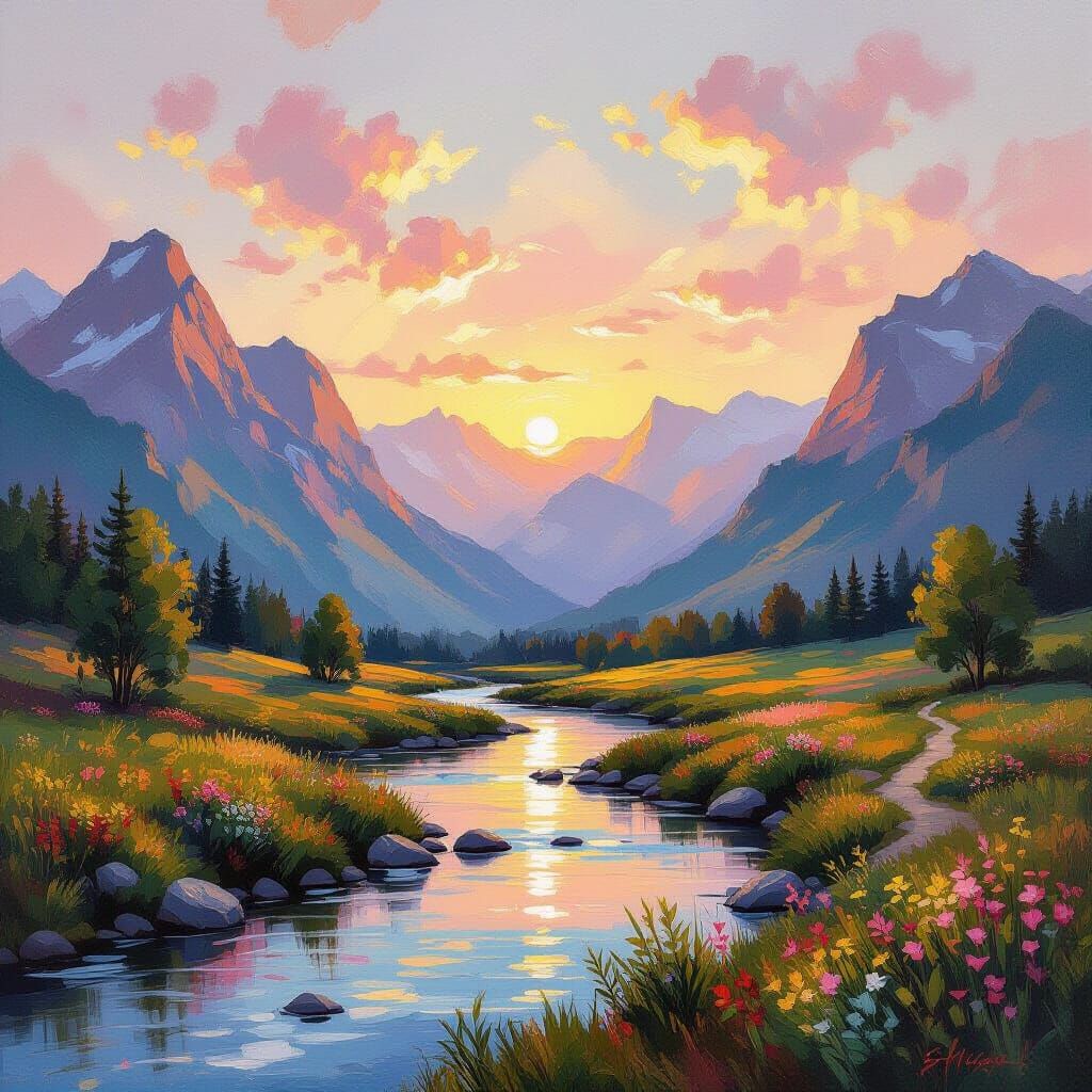 Tranquil Mountain Valley Sunset: An Impressionist Oil Painti...