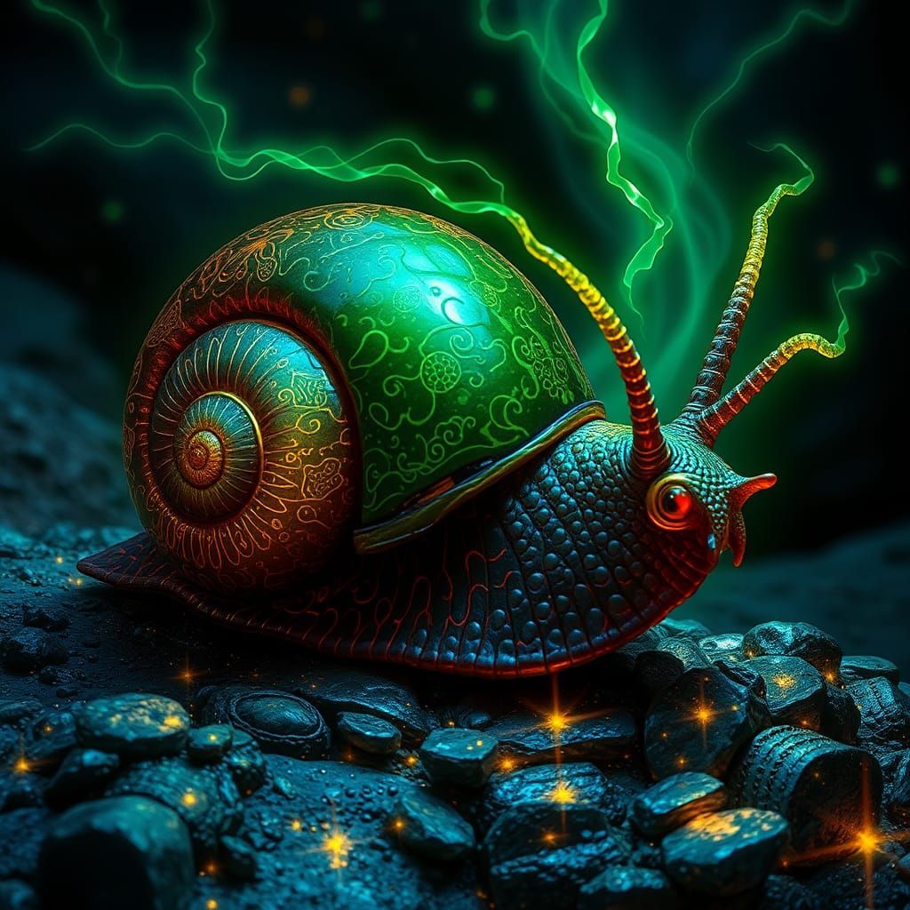 Iridescent Solarpunk Obsidian Snail with Alien Runes