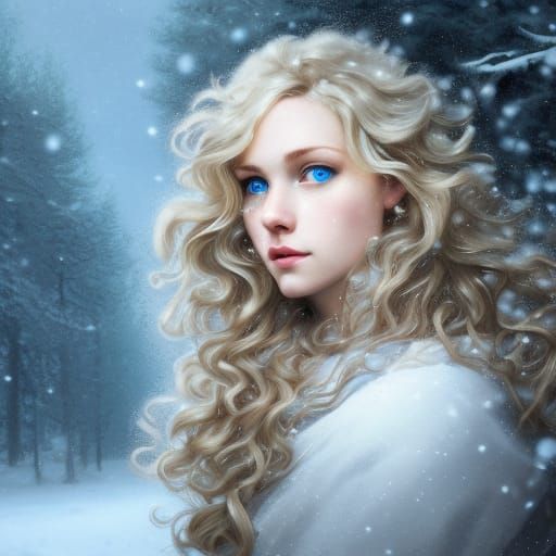 Attractive Blonde Girl in Moonlit Winter Woods