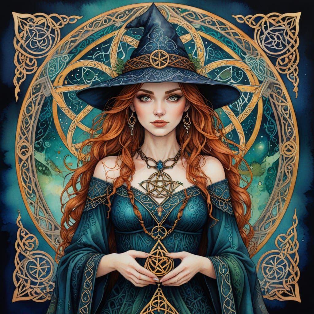 Witch Portrait with Celtic Knotwork in Alcohol Ink Style