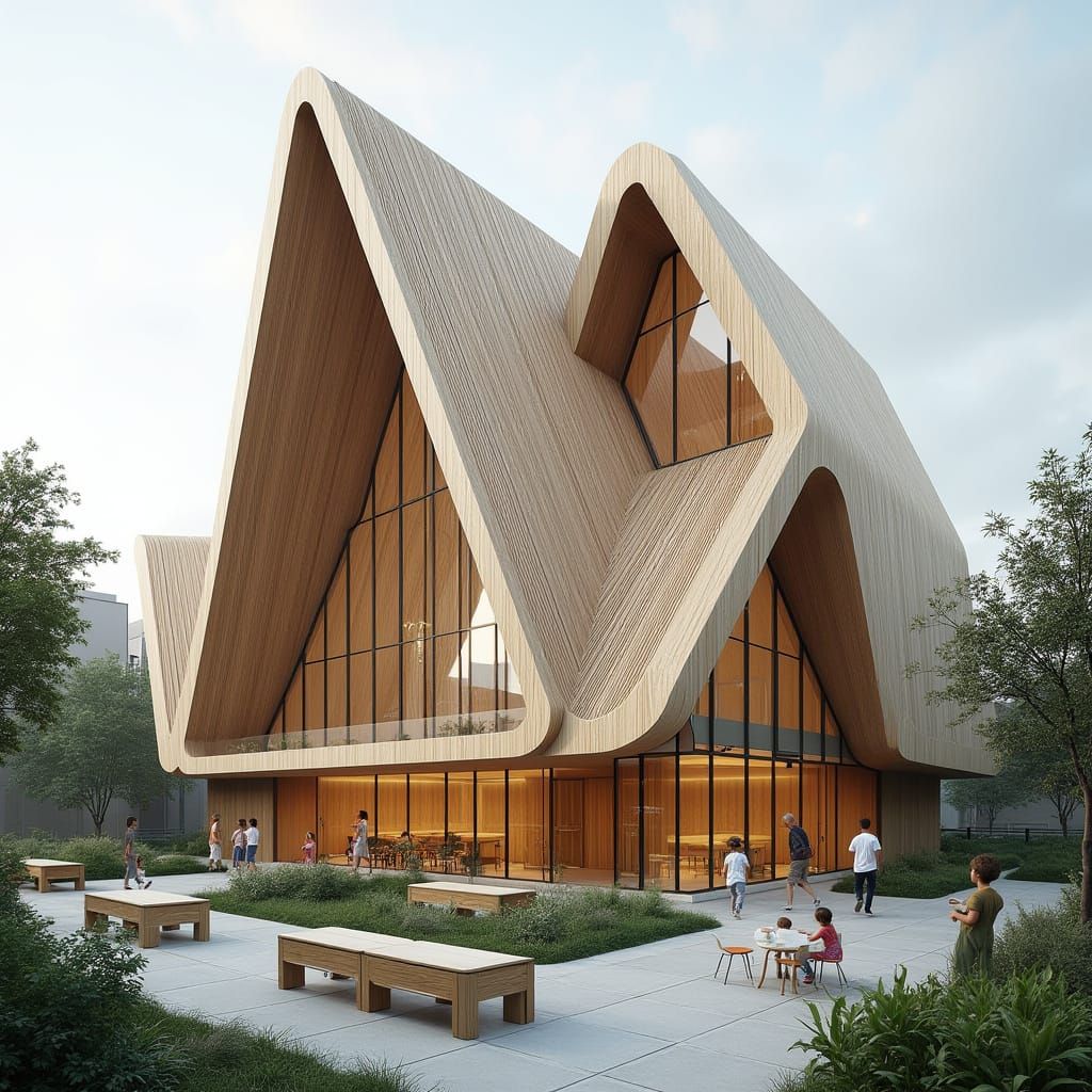 Futuristic Timber-Clad School with Organic 3D Waves