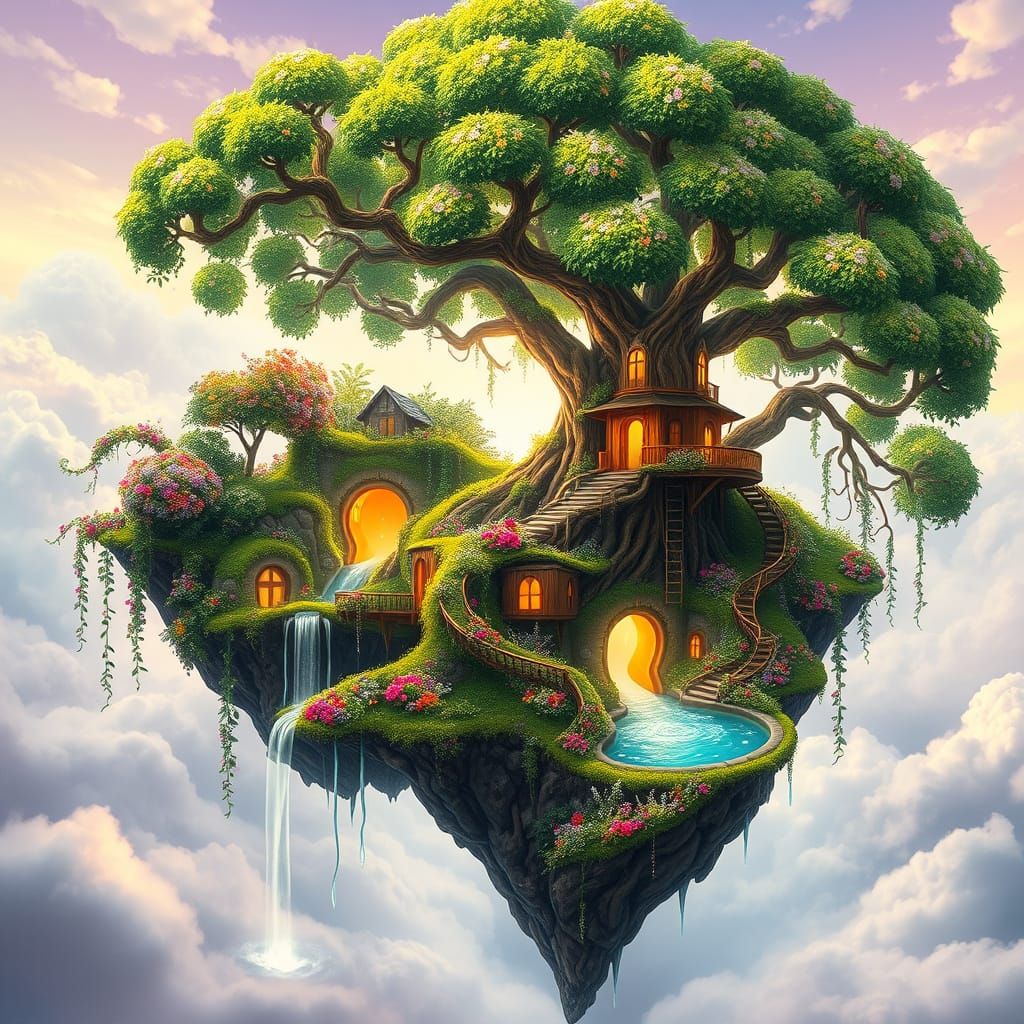Enchanted Floating Oasis with Bioluminescent Tree