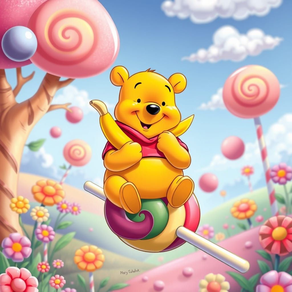 Surreal Cartoon Winnie the Pooh in Whimsical Candy Land Land...