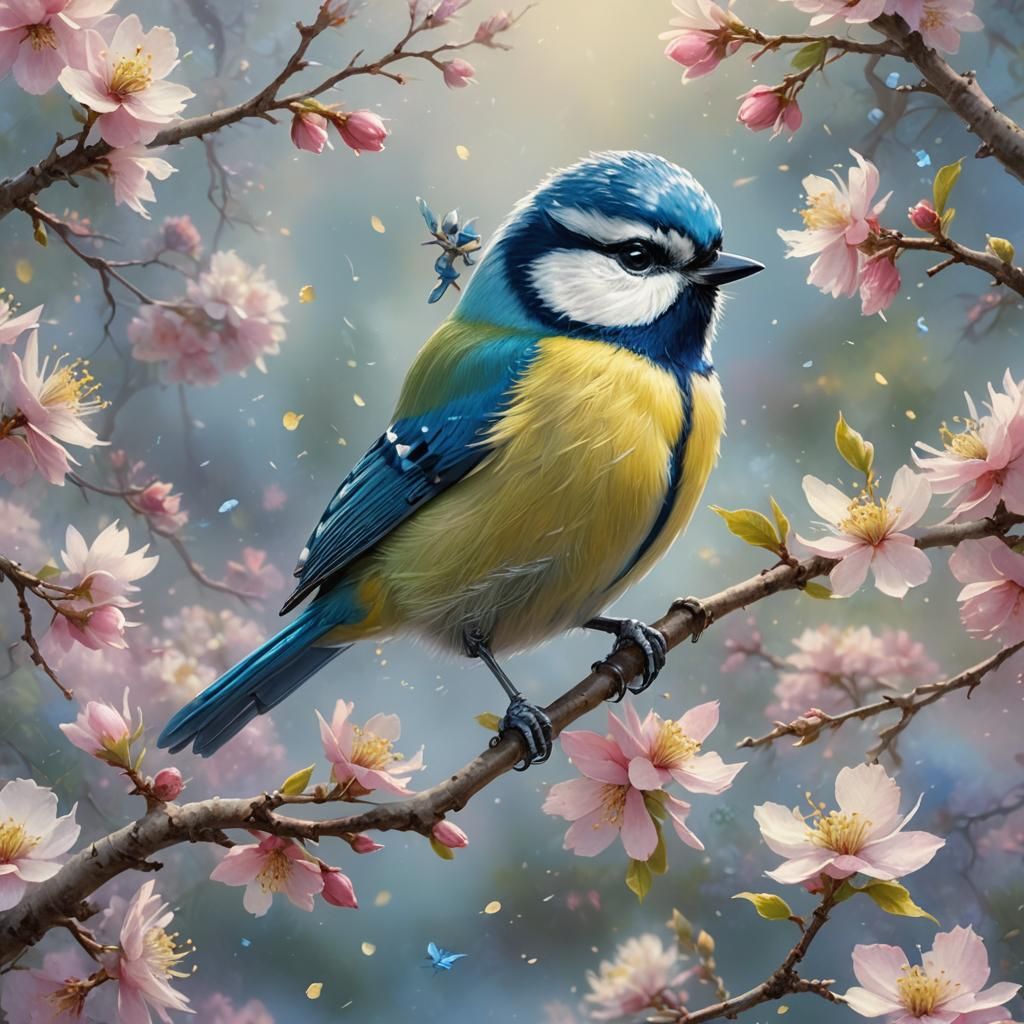 Blue Tit Bird on Branch in Ethereal Fantasy Style