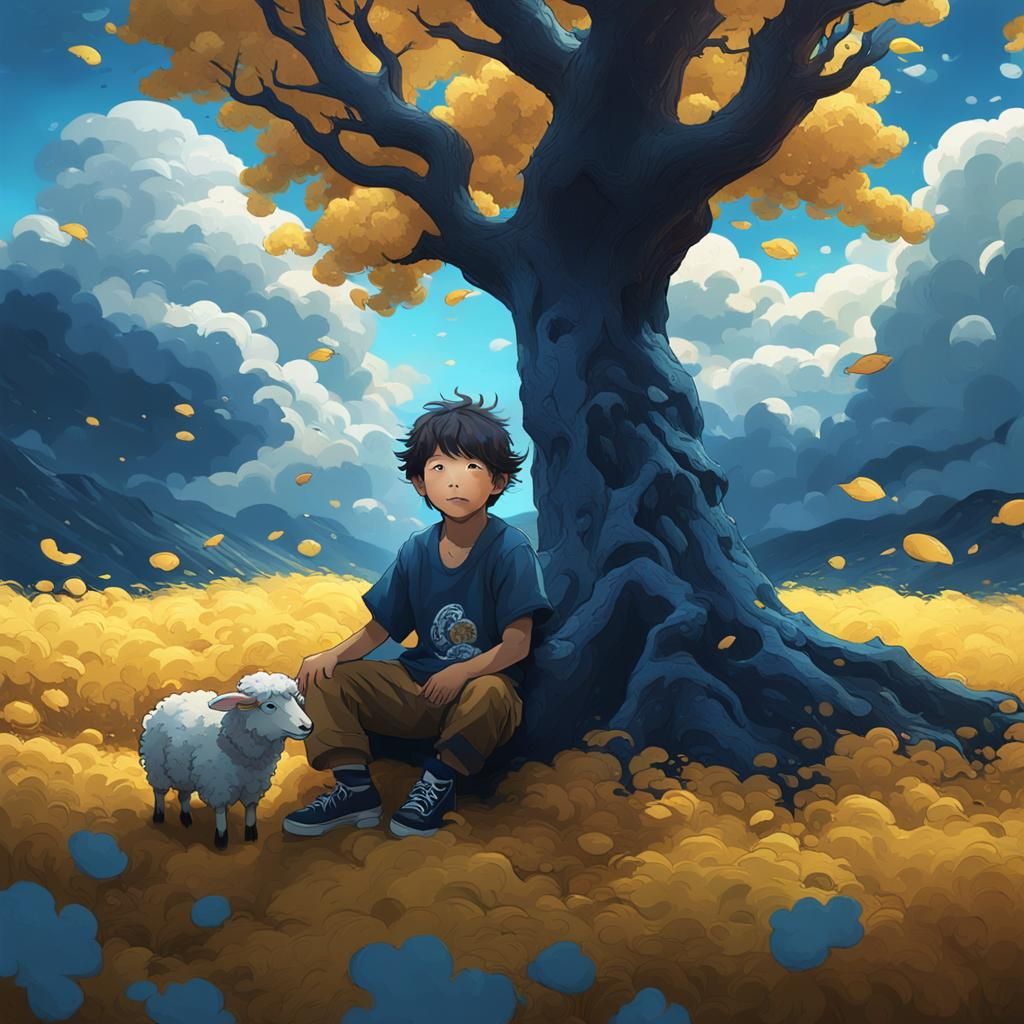 Hokusai-Inspired Scene with Boy and Blue Tree