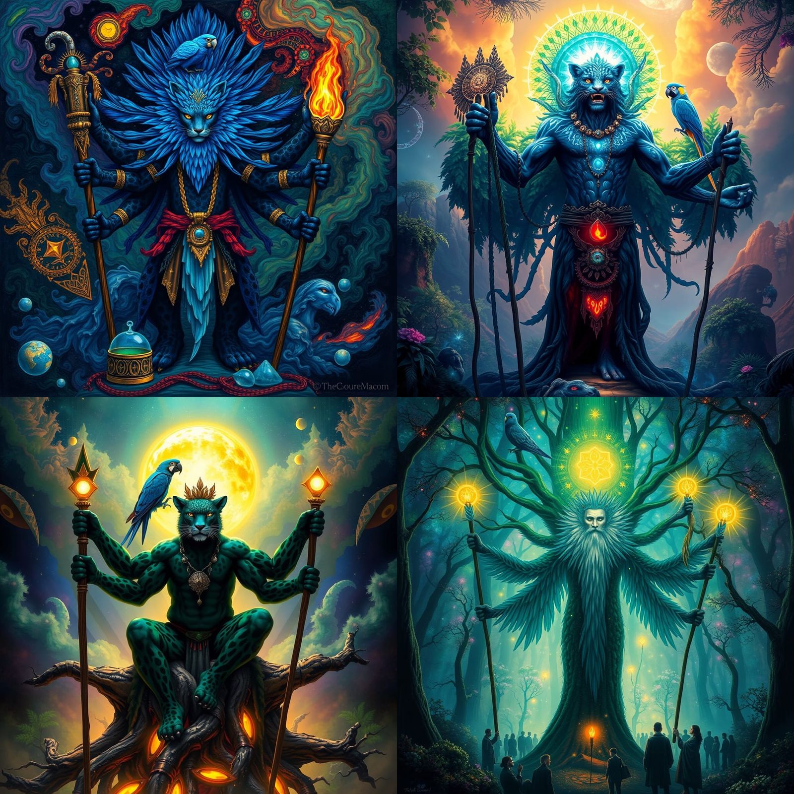 Mystical Shaman with Owl in Surreal Landscape