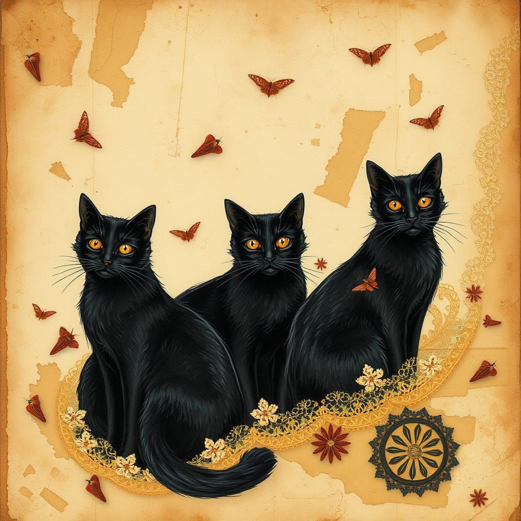Black Cats Amidst Antique Journal Page