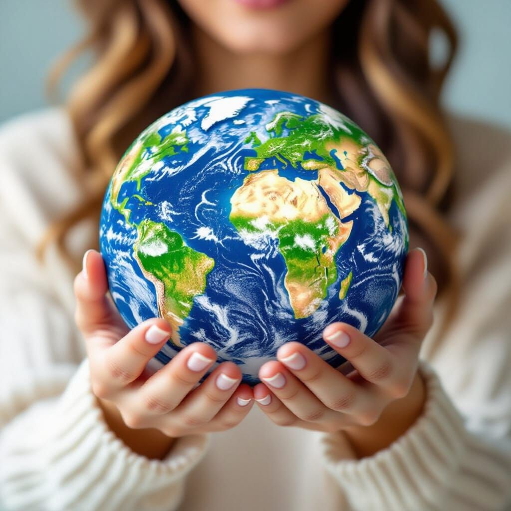 Woman's Hand Holding Realistic Earth Model