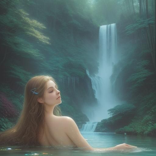 Woman Swimming in Waterfall: Ethereal Fantasy Scene