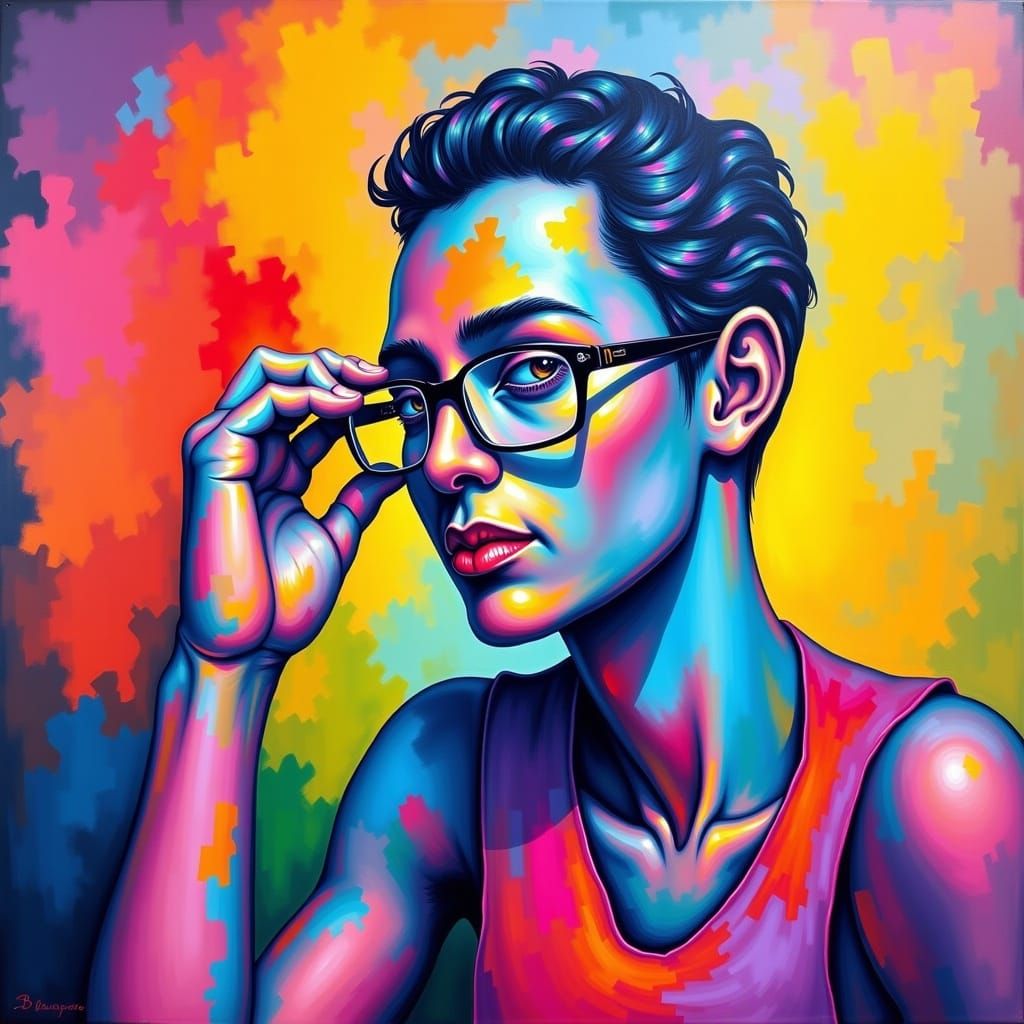 Thoughtful Person Adjusting Glasses in Liminal Style