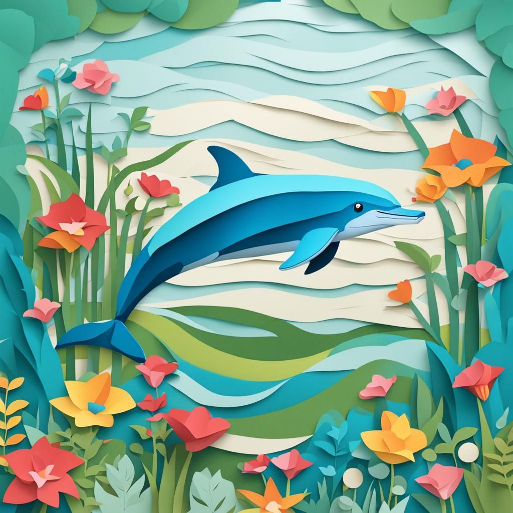 Dolphin Runs in Garden: Layered Paper Art