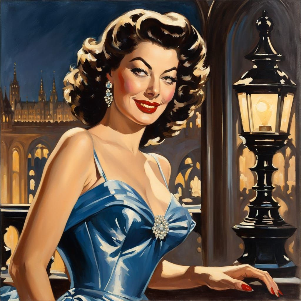 Glamorous Woman Overlooking Prague, in Leyendecker Style