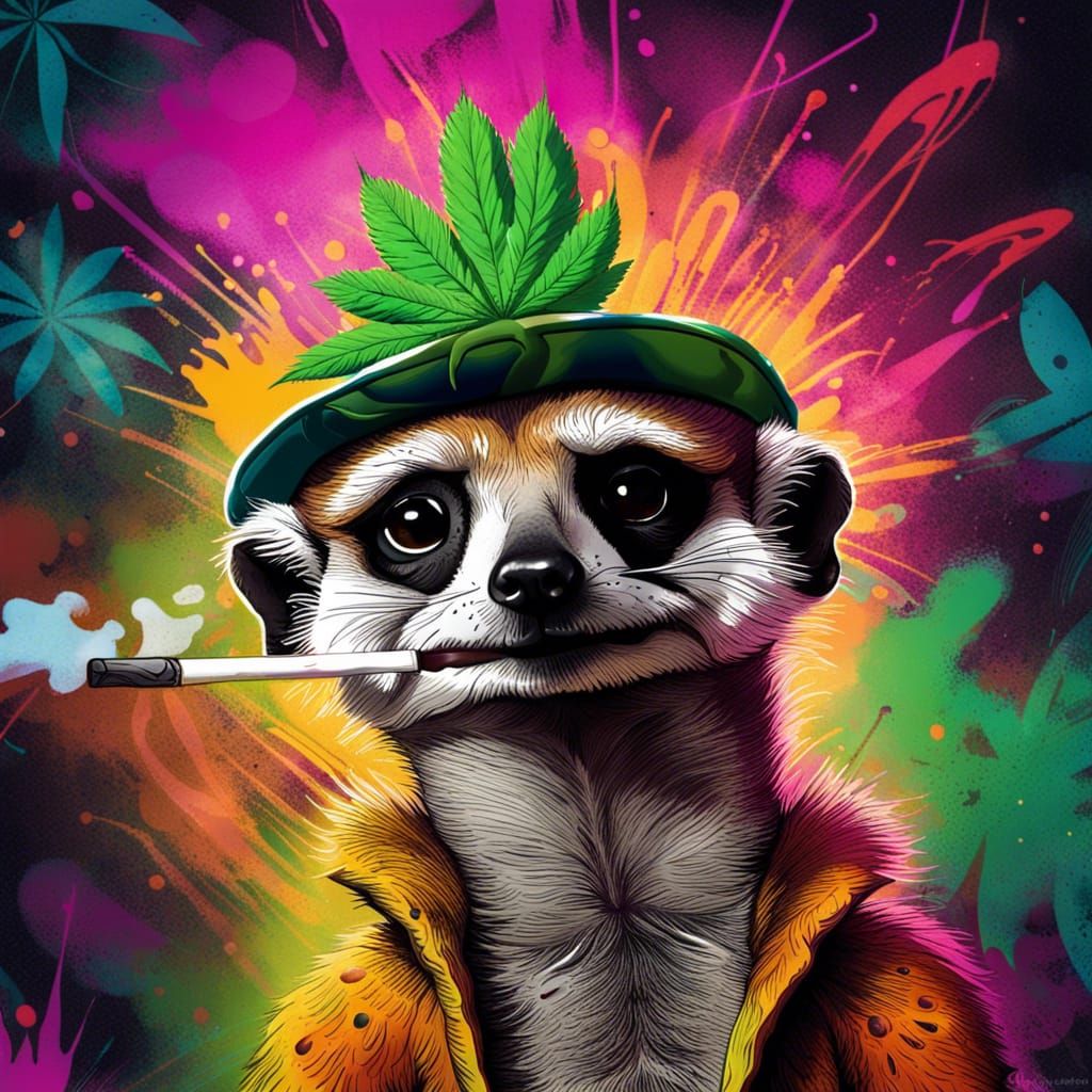 Whimsical Meerkat Smoking Joint in Graffiti Art