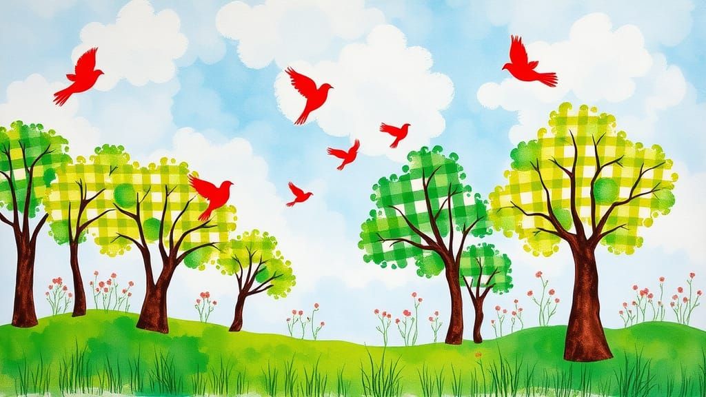 Vibrant Gingham Landscape with Whimsical Birds