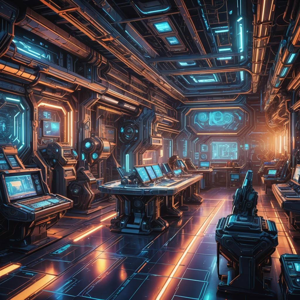 Futuristic Virexian Engineers in Neon Noir Workshop