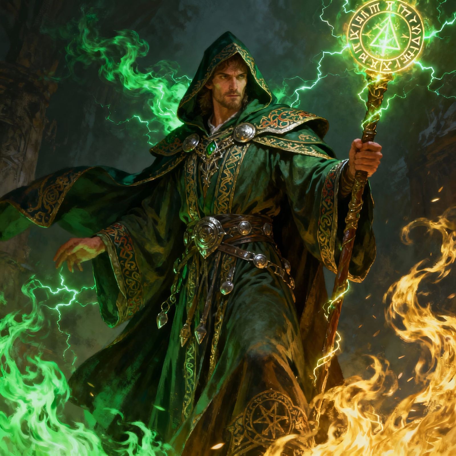 Human Male Sorcerer With Green-Gold Magic Flames