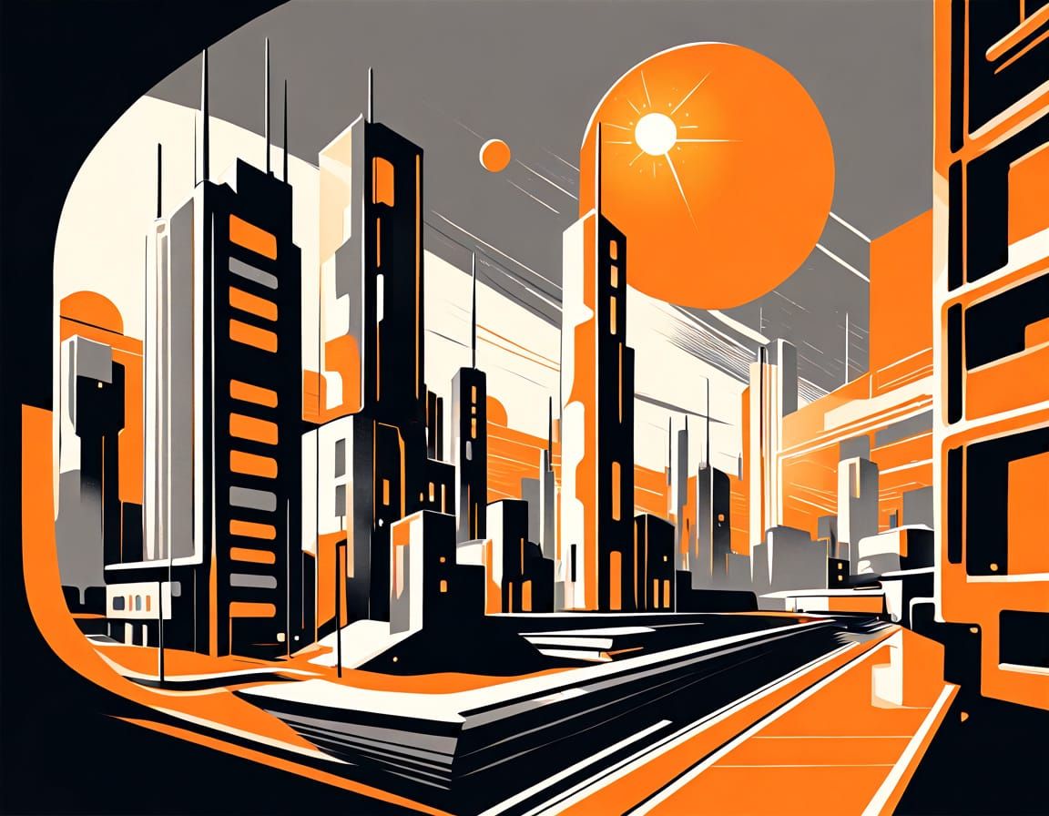 Retro Futuristic Cityscape With Dominant Orange Hues