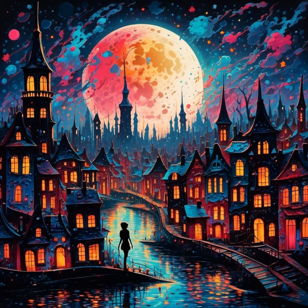 Cityscape Silhouette in Crescent Moon, Graffiti Art
