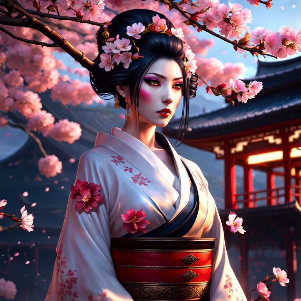 Gothic Geisha in Cherry Blossom Garden