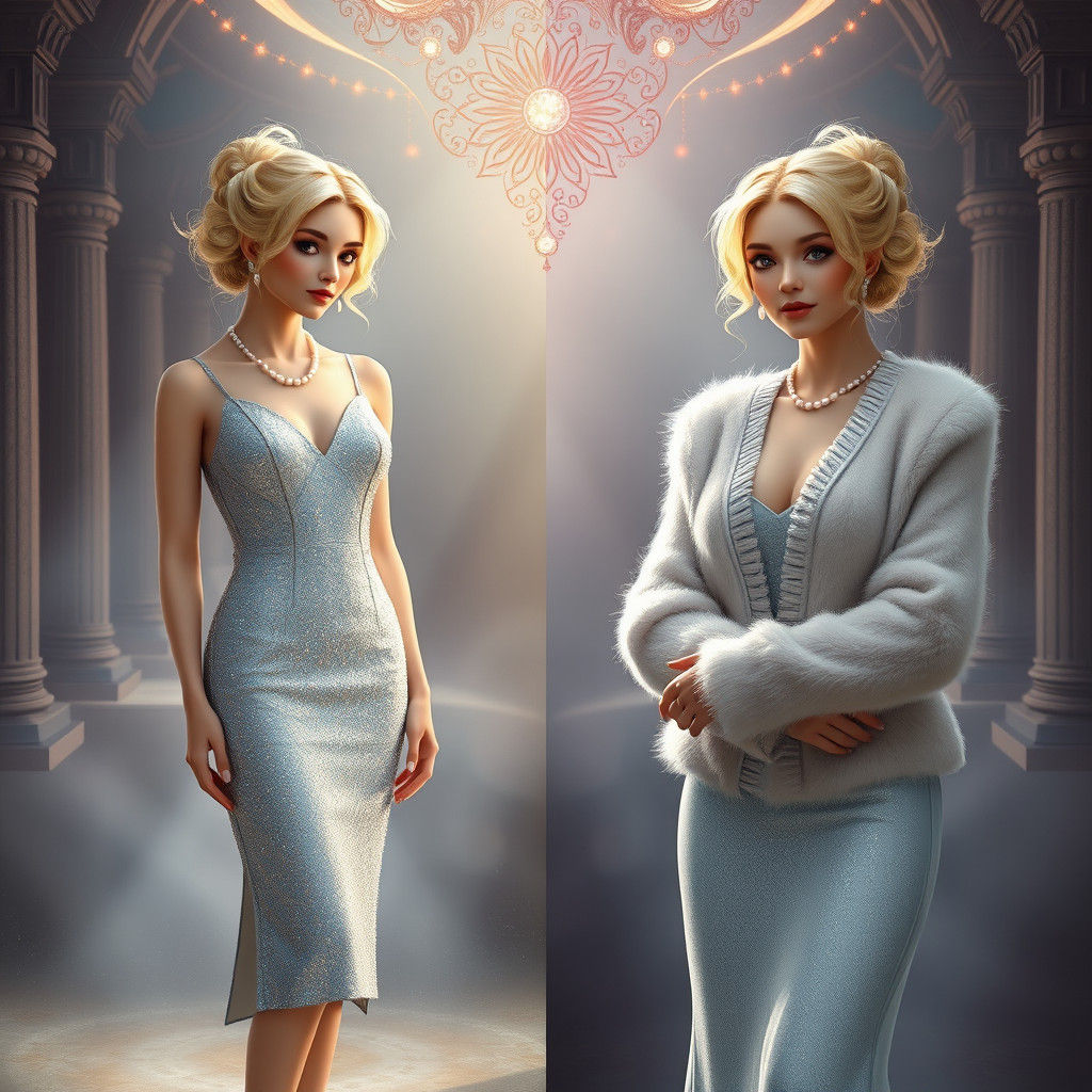 Elegant Woman in Silver Dress with Angora Cardigan